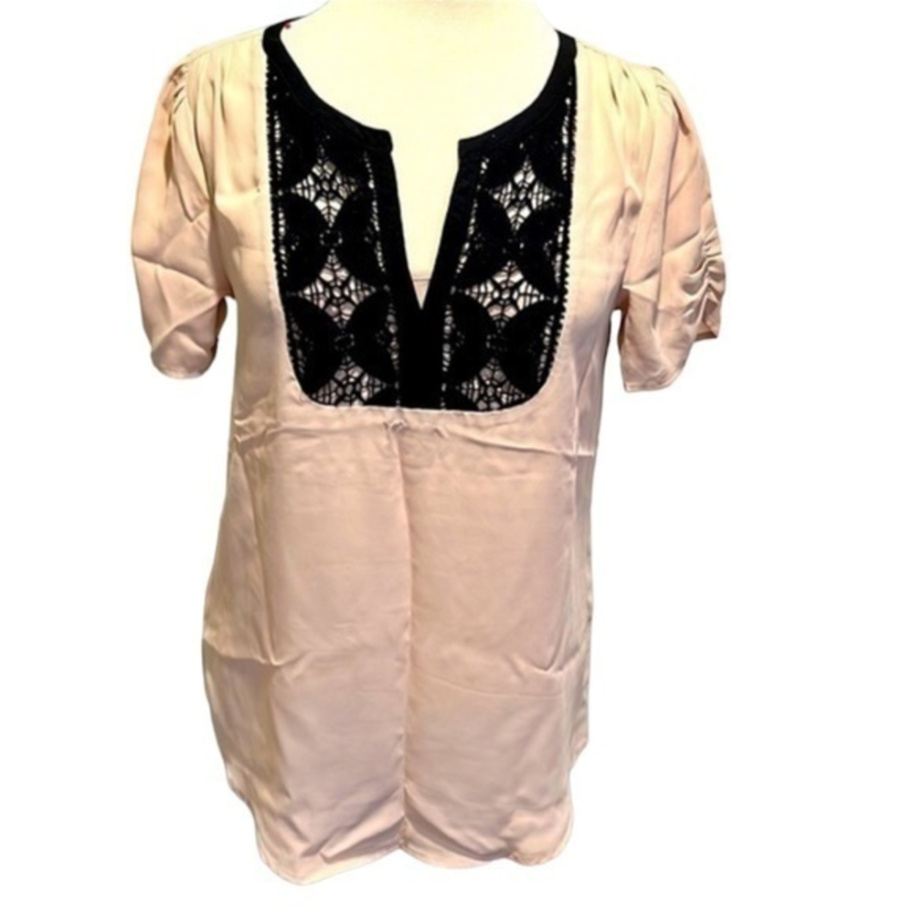 Daniel Rainn Pink Short Sleeve Lace Bib Blouse Split V-Neck Ruched XS #137